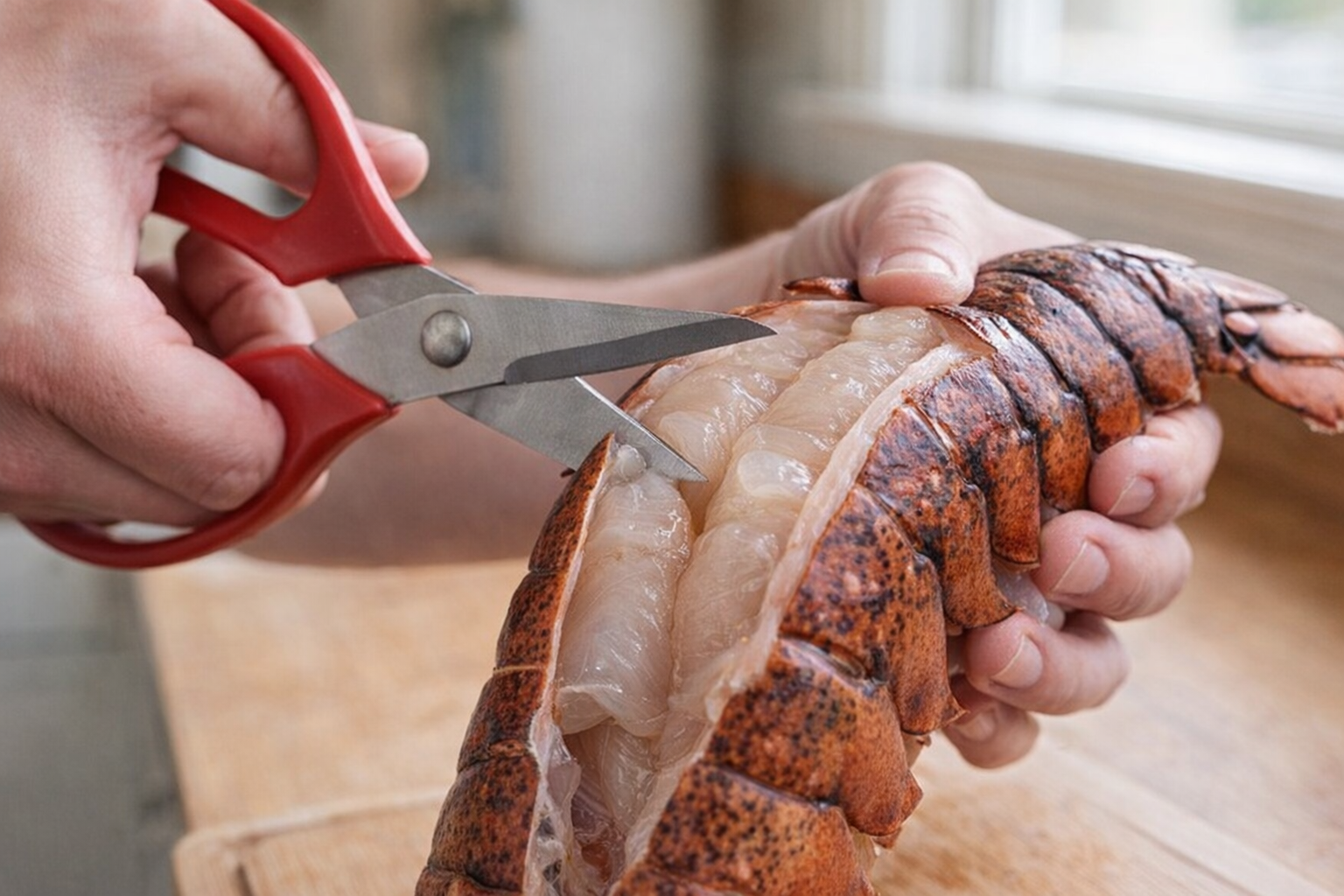 Close-up of a lobster tail being split with kitchen shears, highlighting the raw lobster meat and shell separation, bright kitchen lighting